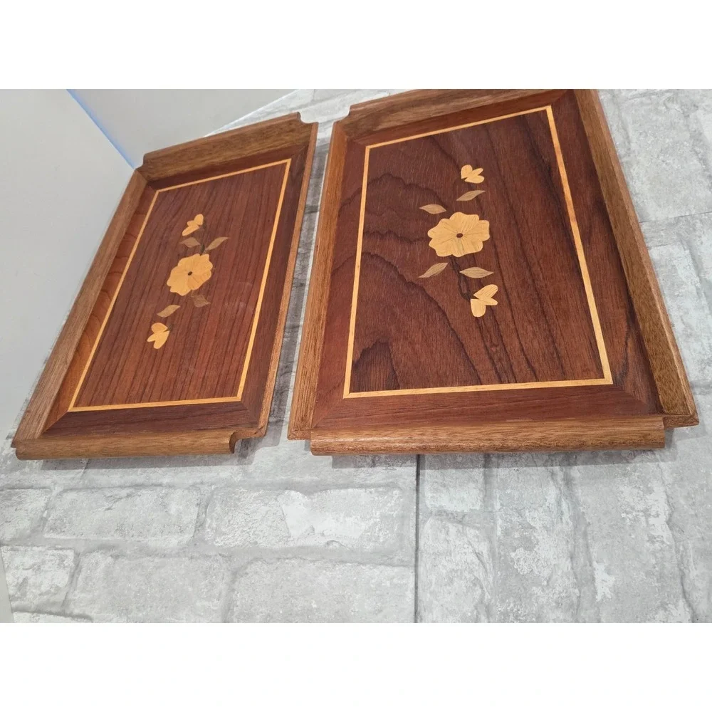2 Vintage Mid Century Riekes Crisa Wood Inlay Tray Spline Joints Floral Motif